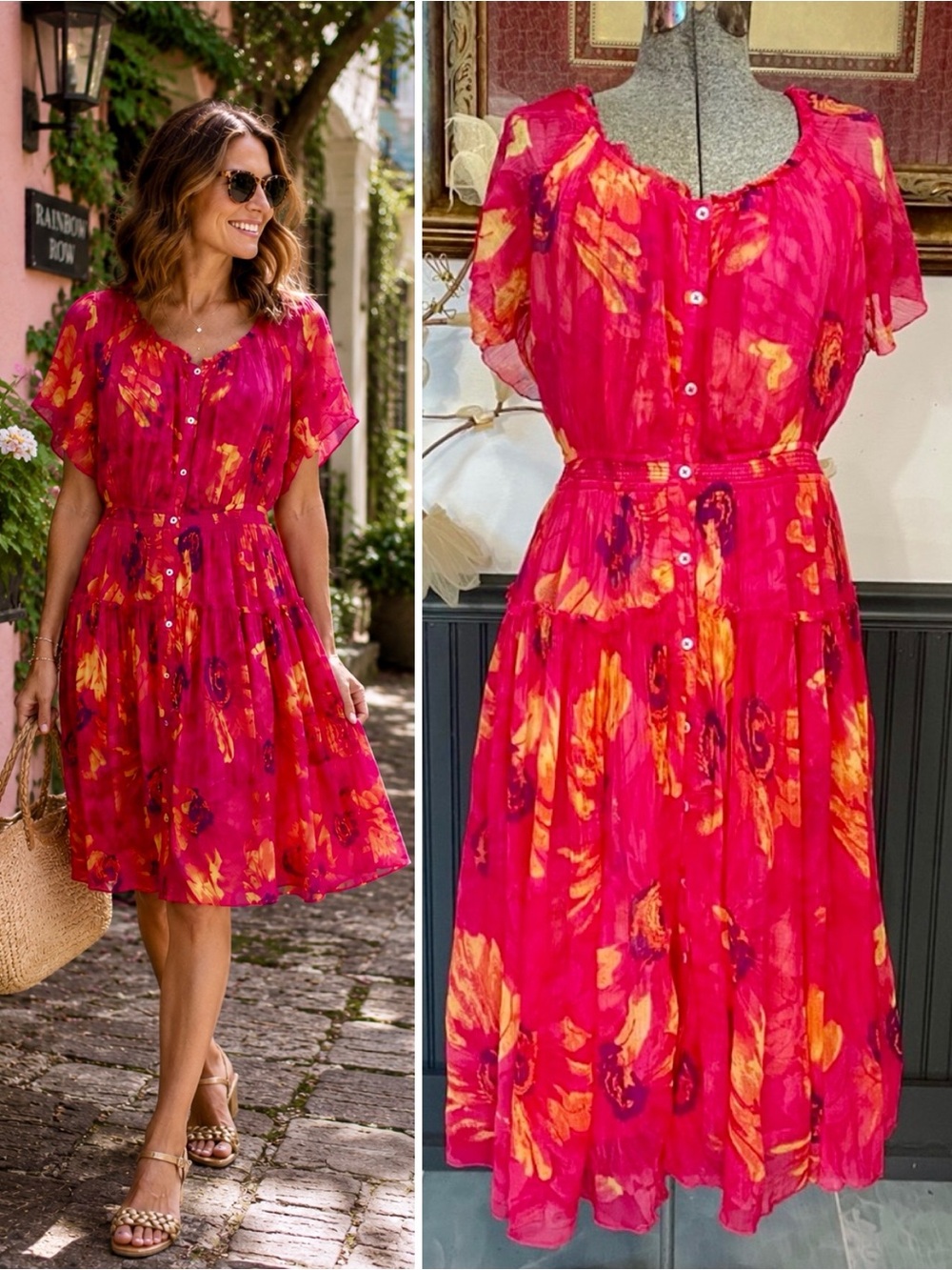 Sundance Cressida Cupro Knee Length Dress Button Front Flutter Sleeve M 🧡